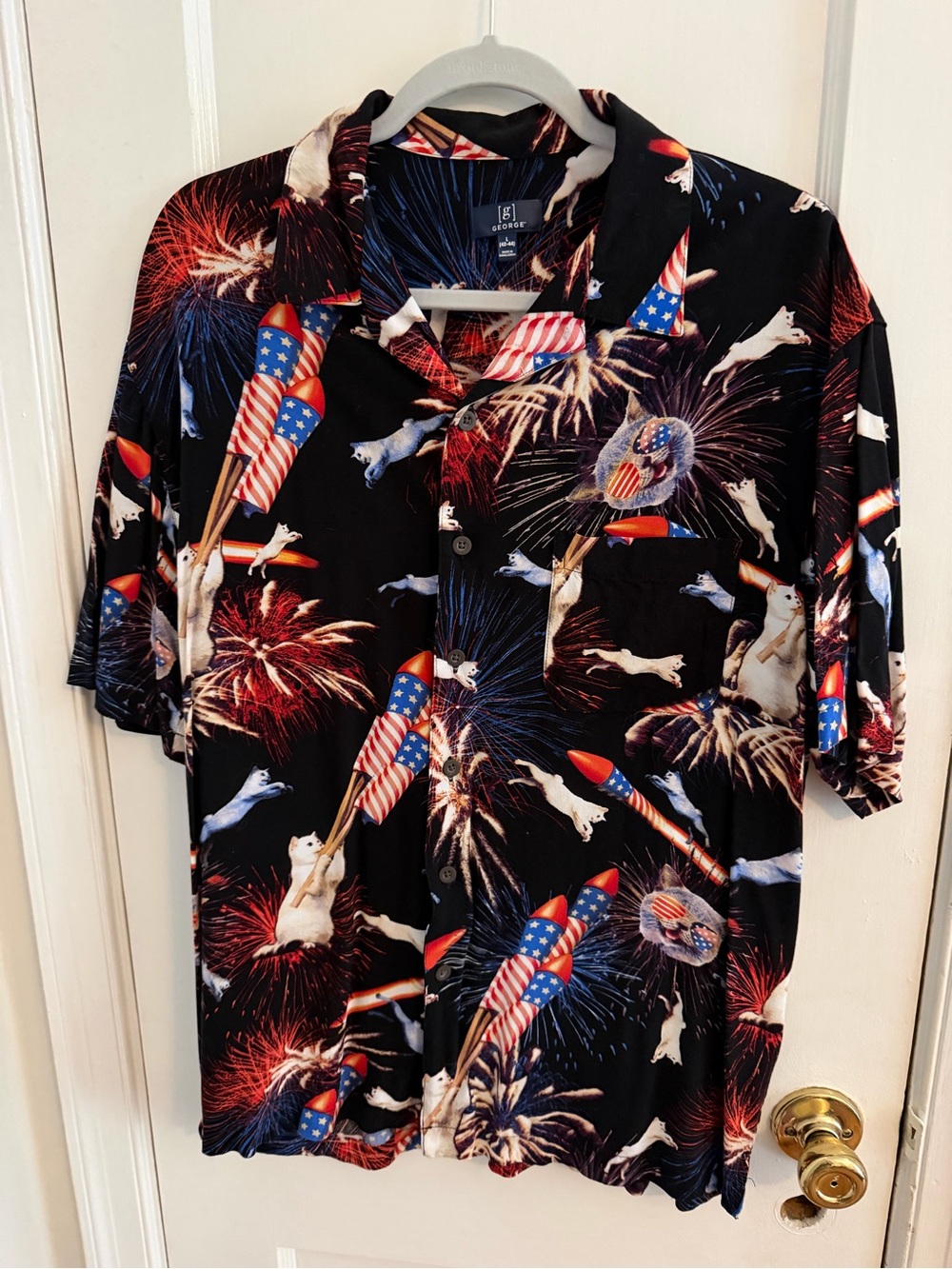 George Black Short-Sleeve Button-Up Shirt with Patriotic Cat Rockets & Fireworks